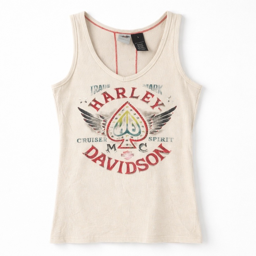 Harley Davidson Tank Top Women L Cream Ribbed Studded Graphic Y2K Biker Core